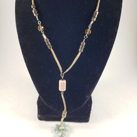 🌟 Gold-Tone Brown Cord Colorful Beaded Necklace w/ Beads Cluster Pendant, Chic - Picture 3 of 12